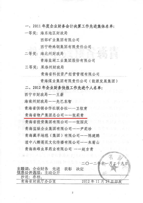 物產(chǎn)集團(tuán)榮獲2011年度財務(wù)決算先進(jìn)單位、2012年度財務(wù)快報工作先進(jìn)個人表彰